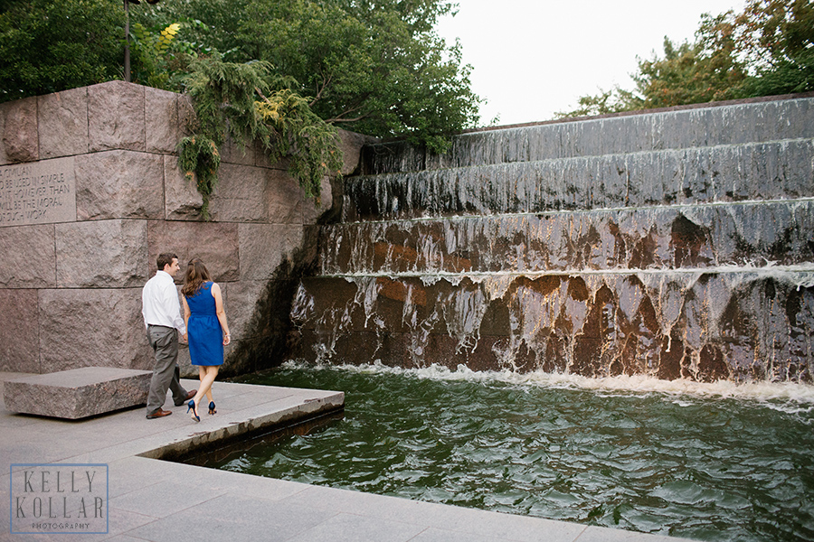 Engagement in Washington DC, including Cleveland Park, Kennedy Center, FDR Memorial, Washington Monument, Jefferson Monument. Photos by Kelly Kollar Photography.
