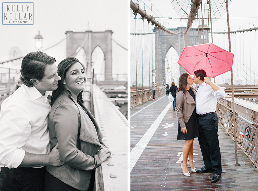 Rainy engagement on the Brooklyn Bridge and Gramercy Park in Manhattan. Photos by Kelly Kollar Photography.
