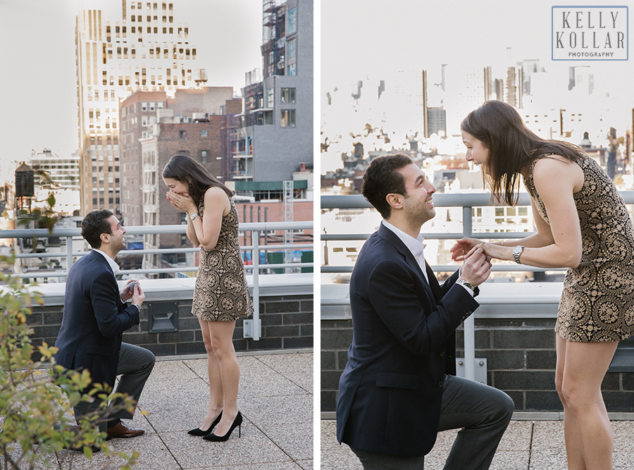 Surprise proposal and engagement on a Tribeca rooftop and at the Nomad Hotel in Manhattan. Photos by Kelly Kollar Photography.