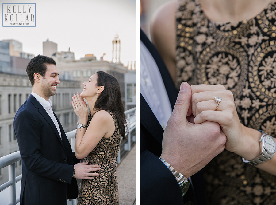 Surprise proposal and engagement on a Tribeca rooftop and at the Nomad Hotel in Manhattan. Photos by Kelly Kollar Photography.