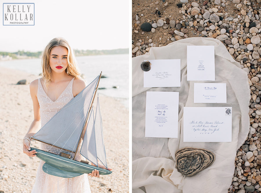 Wedding, bridal inspiration shoot on the seaside in the Hamptons. Photos by Kelly Kollar Photography.