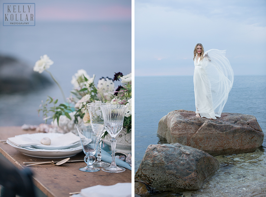 Wedding, bridal inspiration shoot on the seaside in the Hamptons. Photos by Kelly Kollar Photography.