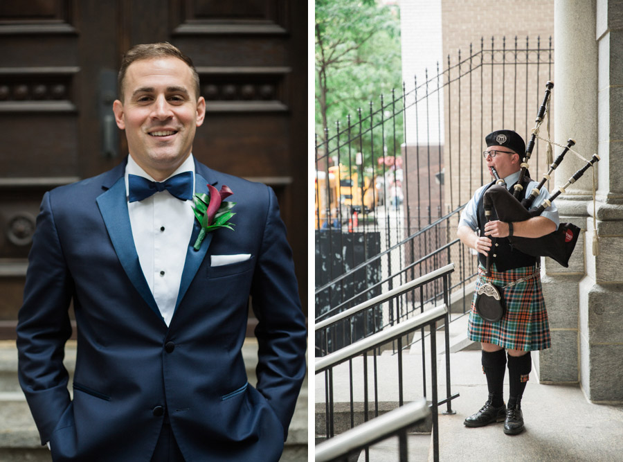 Rainy wedding at Church of St Francis Xavier in Manhattan, portraits in Washington Square Park and reception at Liberty House in Jersey City. Photos by Kelly Kollar Photography.