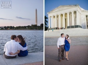 Engagement in Washington DC, including Cleveland Park, Kennedy Center, FDR Memorial, Washington Monument, Jefferson Monument. Photos by Kelly Kollar Photography.
