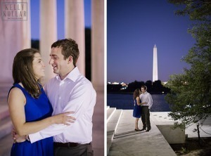 Engagement in Washington DC, including Cleveland Park, Kennedy Center, FDR Memorial, Washington Monument, Jefferson Monument. Photos by Kelly Kollar Photography.