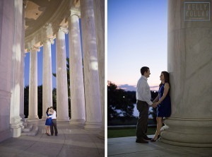 Engagement in Washington DC, including Cleveland Park, Kennedy Center, FDR Memorial, Washington Monument, Jefferson Monument. Photos by Kelly Kollar Photography.