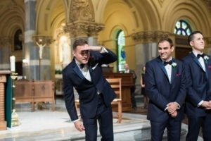 Rainy wedding at Church of St Francis Xavier in Manhattan, portraits in Washington Square Park and reception at Liberty House in Jersey City. Photos by Kelly Kollar Photography.