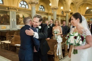 Rainy wedding at Church of St Francis Xavier in Manhattan, portraits in Washington Square Park and reception at Liberty House in Jersey City. Photos by Kelly Kollar Photography.