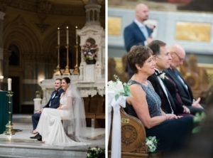 Rainy wedding at Church of St Francis Xavier in Manhattan, portraits in Washington Square Park and reception at Liberty House in Jersey City. Photos by Kelly Kollar Photography.
