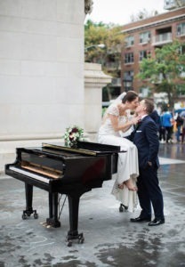 Rainy wedding at Church of St Francis Xavier in Manhattan, portraits in Washington Square Park and reception at Liberty House in Jersey City. Photos by Kelly Kollar Photography.