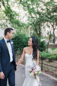 A bride and groom at their wedding in Central Park in New York City. Photo by Kelly Kollar Photography.
