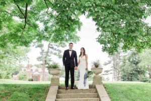 A bride and groom on their wedding day at The Mansion at Natirar in New Jersey. Photo by Kelly Kollar Photography.