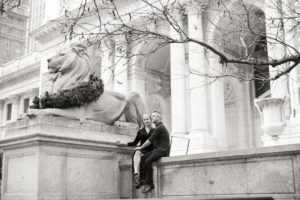 An engaged couple at the New York Public Library in Manhattan. Photo by Kelly Kollar Photography.
